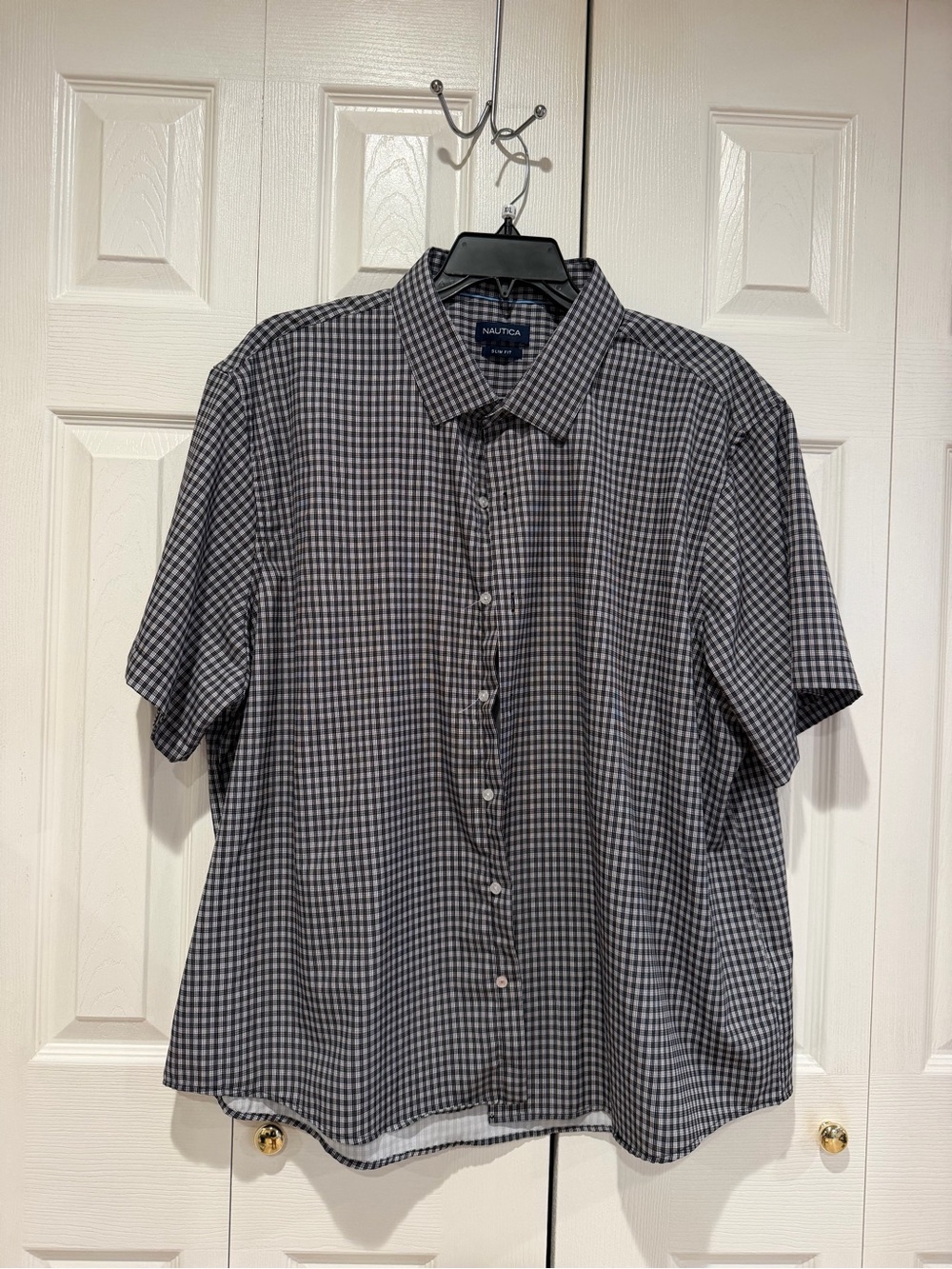 Nautica Short Sleeve Button-Down Black & Gray Gingham Shirt